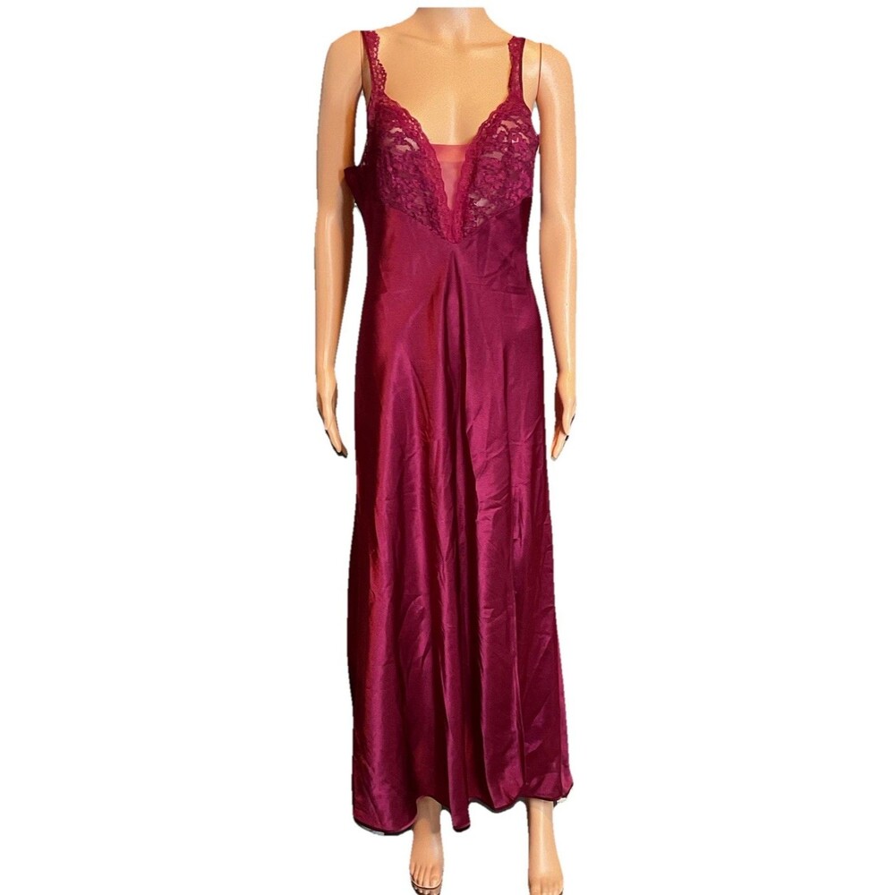 Vintage Victoria’s Secret M Gold Label Satin Lace Sleep Gown Romantic Wine Color